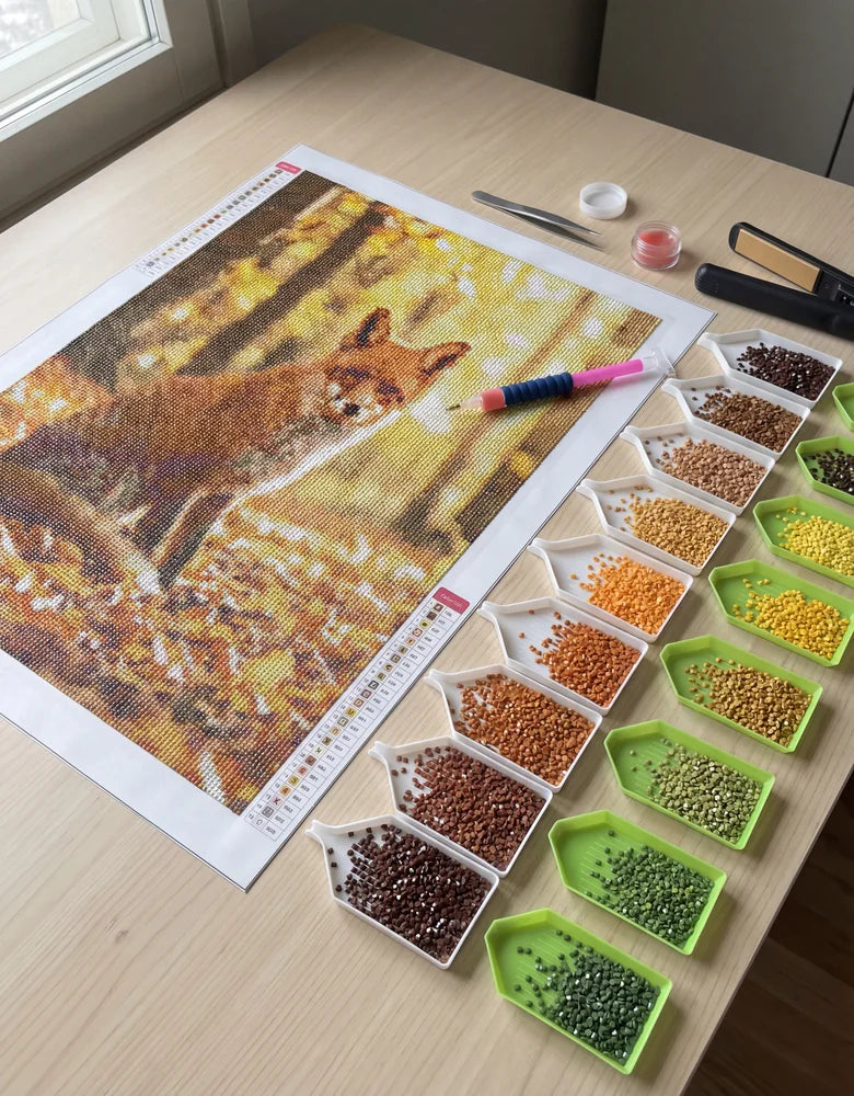 Diamond painting workspace: fox design with sorting tray, applicator pen and wax