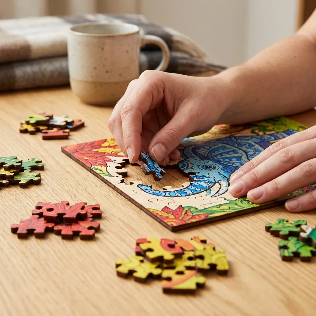 Wooden animal puzzle being assembled on a table