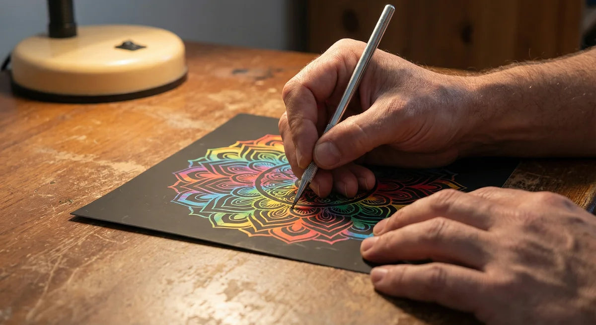 Adult working on a scratch art piece as a hobby
