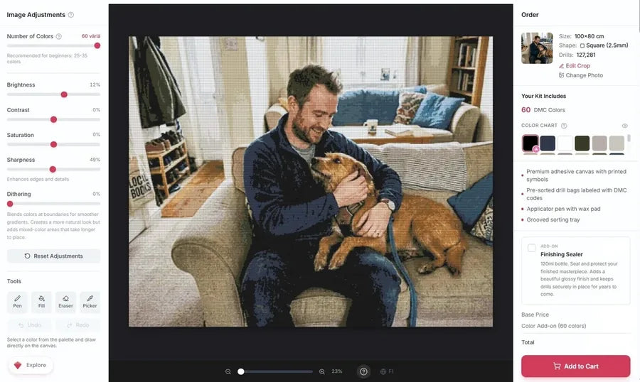 Diamond Painting editor preview with a dog photo being adjusted before ordering