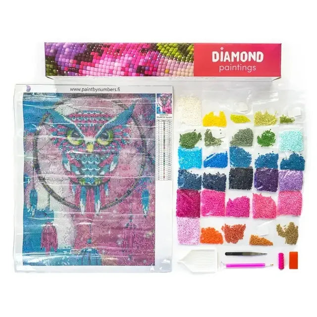 Diamond painting kit, canvas, drills and tools ready to begin