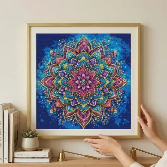 Färdig diamond painting i ram, uppsatt hemma