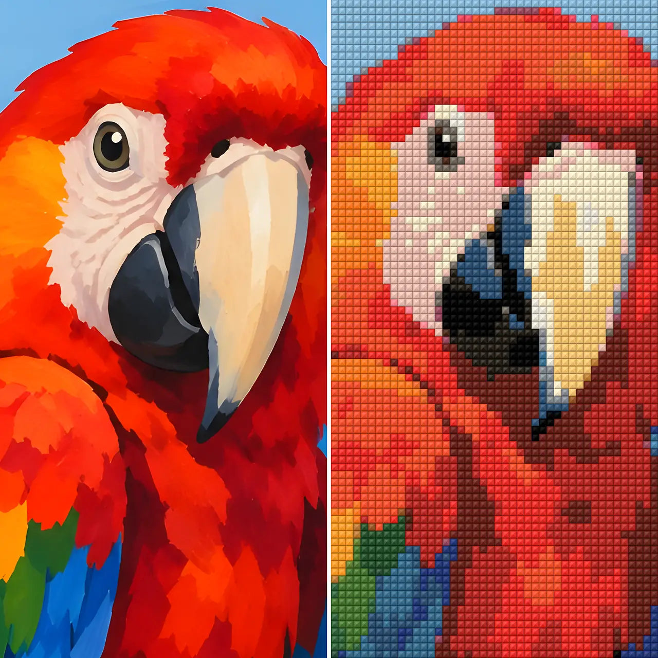 En papegojbild bredvid en diamond painting som skapats från bilden i editorn