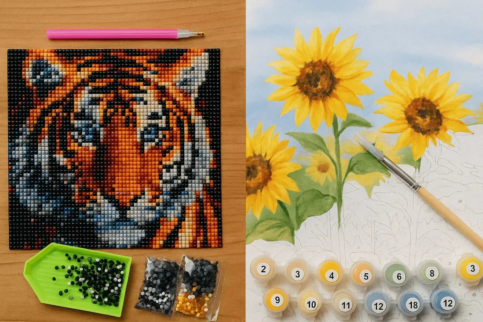 Kuvassa on tiikeriaiheinen timanttimaalaus vasemmalla puolella ja auringonkukka aiheinen numeromaalaus oikealla puolella.