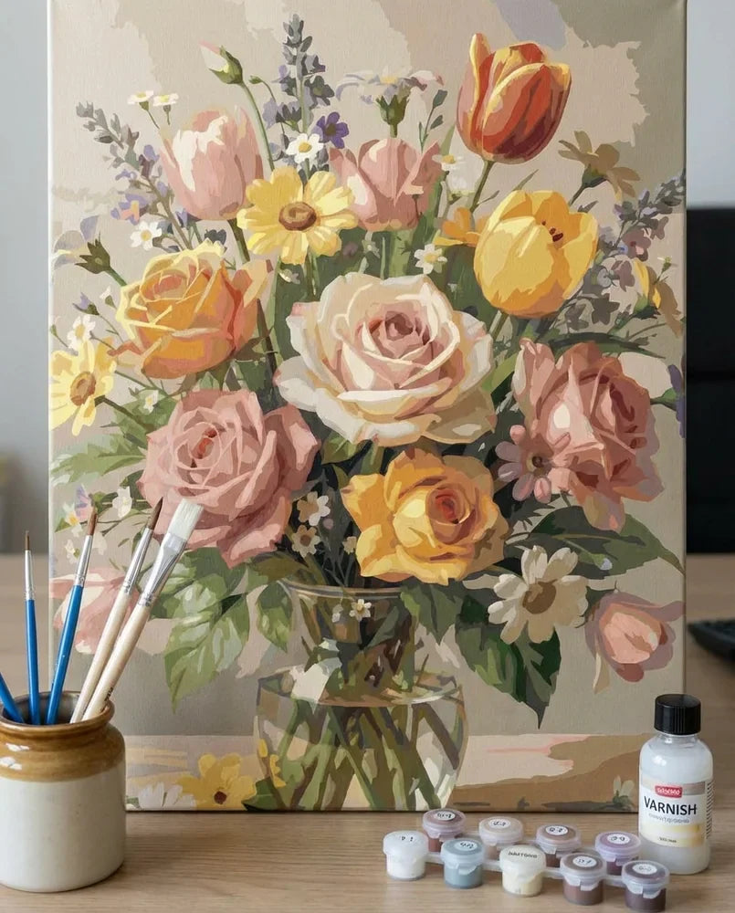 Finished flower paint by numbers artwork displayed with brushes and numbered paint pots