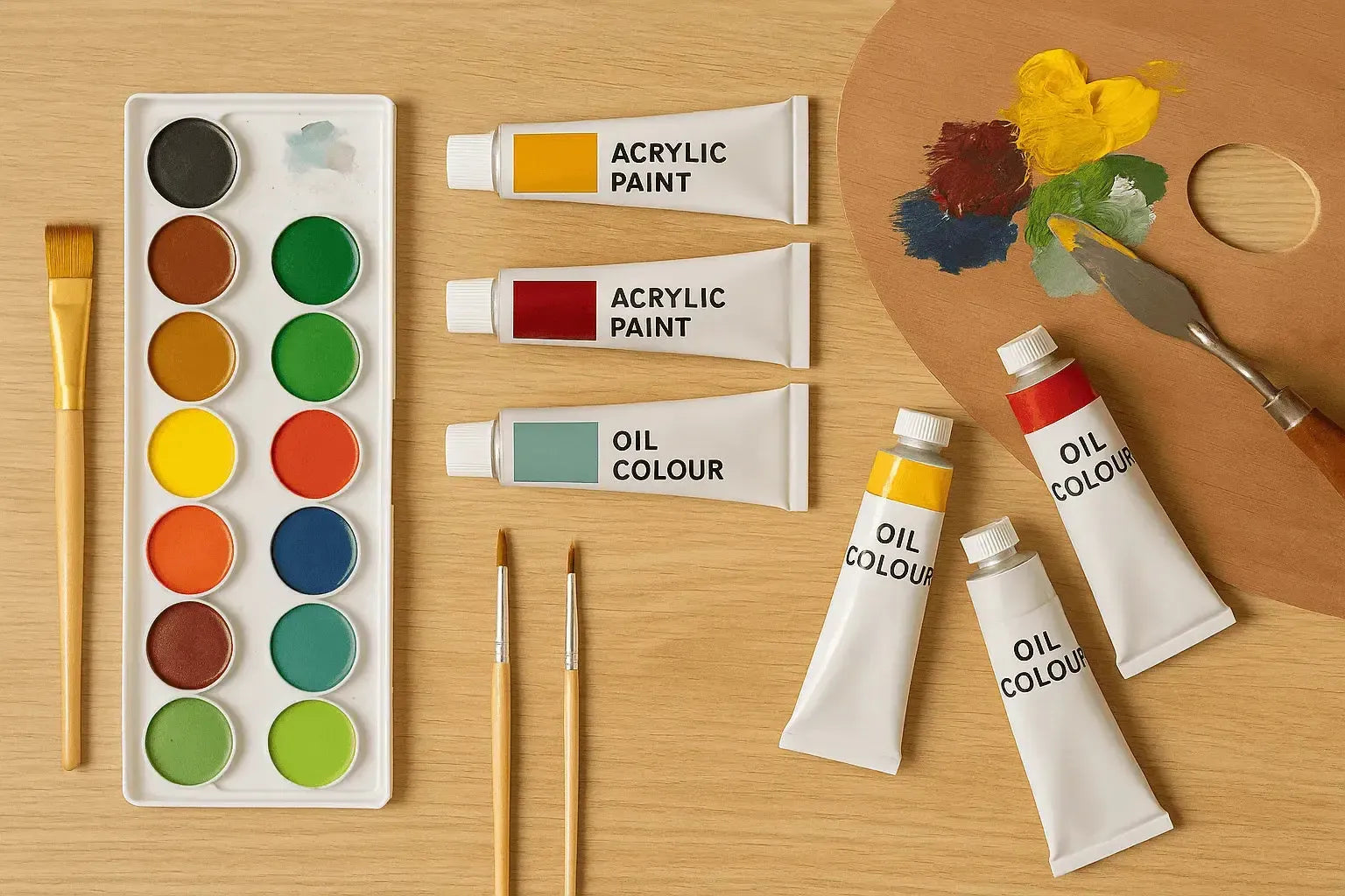 Pyökkipöydällä akryyli, öljymaali sekä vesiväri tuubeja. Lisäksi myös paletti ja muutama sivellin.