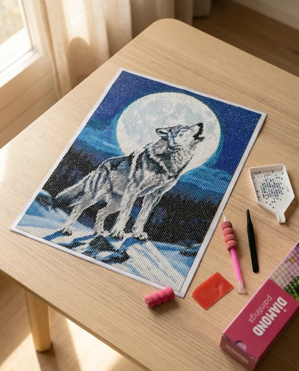 Finished 30x40cm diamond painting on a table in natural light with tools