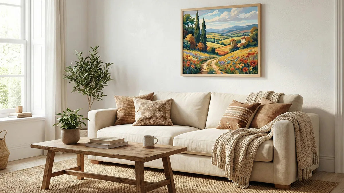 Finished 60x80cm paint by numbers artwork framed and hung on a white wall above a light sofa in a cosy Scandinavian living room