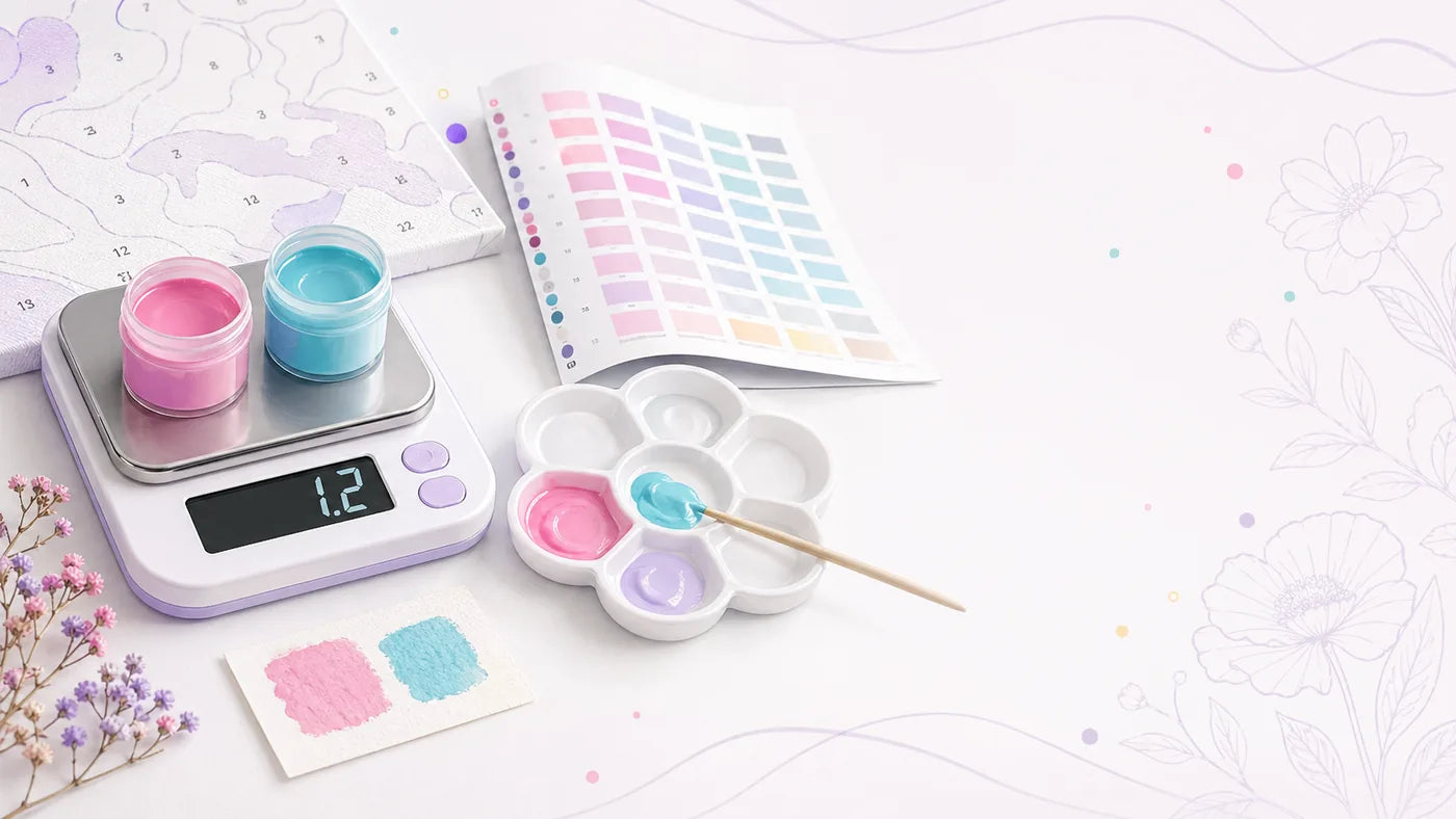 Digitaalivaaka, maalikupit, paletti ja värikartta korvaavan Paint by Numbers -maalin sekoittamiseen