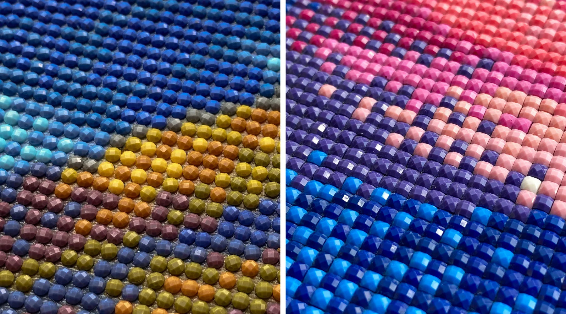 Kuva on jaettu kahtia, vasen puolikas on lähikuva pyöreistä timanteista ja oikea puolikas lähikuva neliötimanteista.