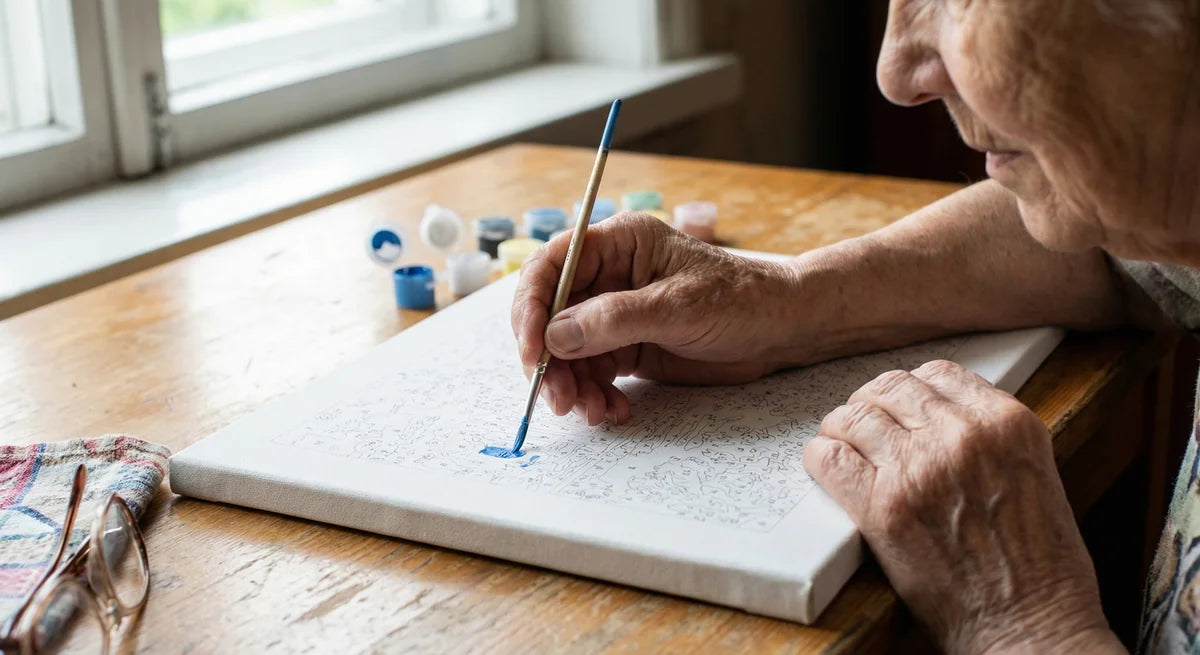 Senior doing a creative hobby – paint by numbers and motor skills