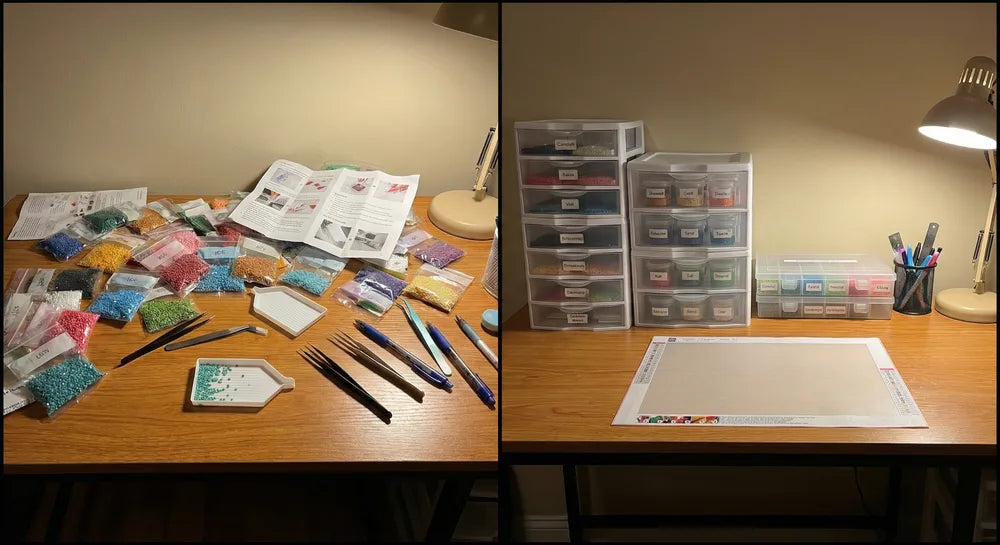 sotkuinen timanttimaalaus työpöytä vs siisti timanttimaalaus työpöytä