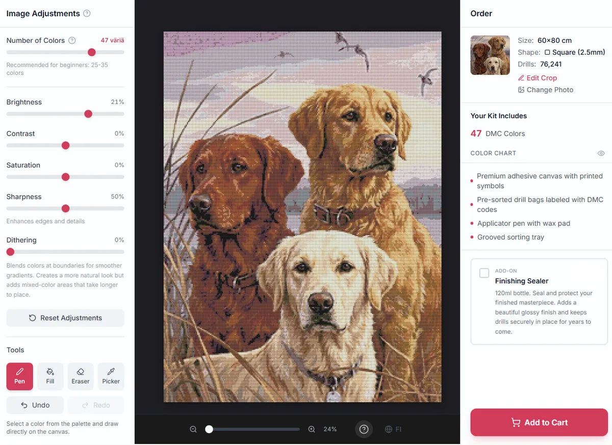 Screenshot of the diamond painting editor with a dog-themed diamond painting being customised
