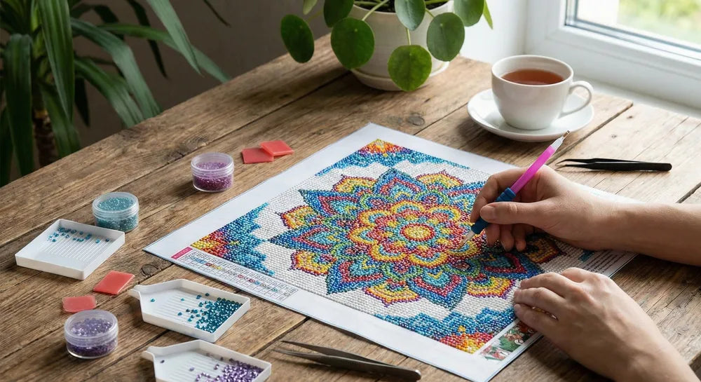 Diamond painting workspace — drills, canvas and tools on a table