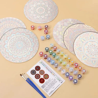 Mandala table mats, paints, brushes, and accessories