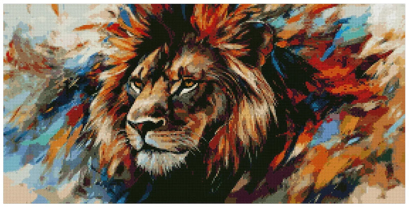 Diamond painting model image: Lion's head in an abstract style, with a mane made up of vibrant palettes of orange, red, blue, and brown.