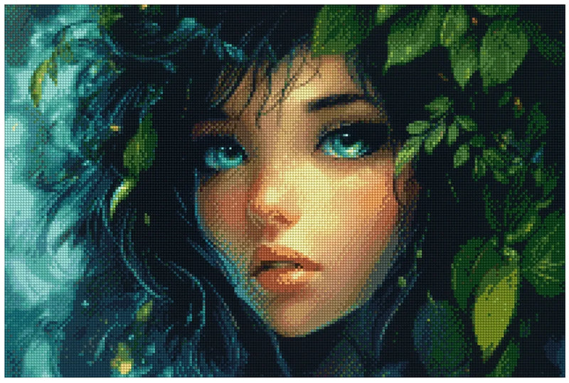 Diamond painting model image: A portrait of a young woman whose face is framed by dark, curly hair and large green leaves. The work has an intense, magical forest atmosphere.