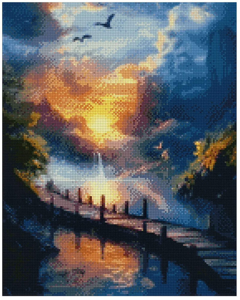Diamond painting model image: A magical scene where the sun or moon sets over the background. A narrow wooden bridge crosses the water, reflecting shades of orange and blue in the dramatic twilight.