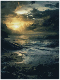 Thumbnail for Diamond painting pattern image – dark-toned stormy seascape, golden sunset, and dramatic clouds reflected in the waves.