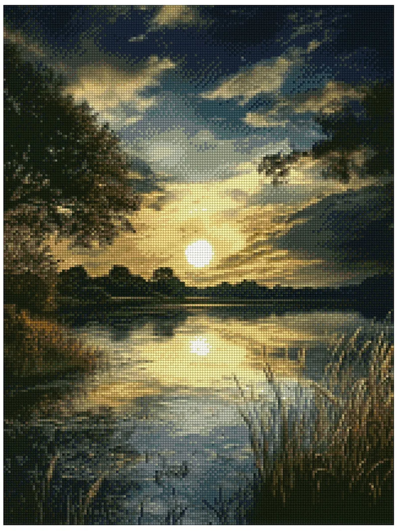 Diamond painting model image – warm amber sunset, calm lake, and golden reflections in a peaceful evening landscape.