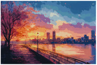 Thumbnail for Diamond painting template - a colorful cityscape by the river, with an orange and pink sunset and a pastel blue sky.