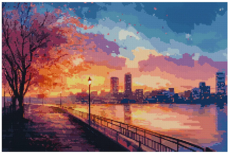 Diamond painting template - a colorful cityscape by the river, with an orange and pink sunset and a pastel blue sky.