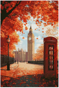Thumbnail for Diamond painting model image – autumnal London, bright orange leaves, Big Ben and red phone booth in warm golden light.