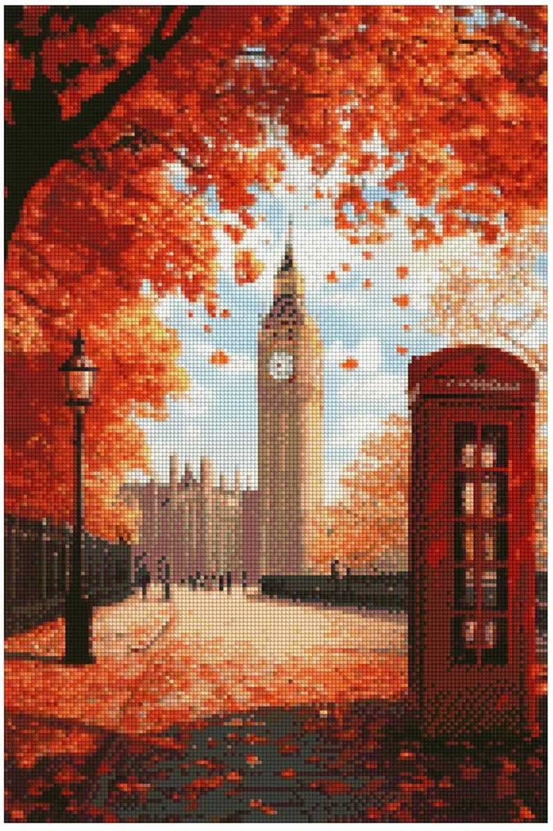 Diamond painting model image – autumnal London, bright orange leaves, Big Ben and red phone booth in warm golden light.