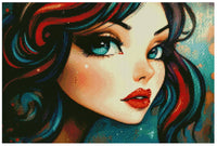 Thumbnail for Diamond painting model image – blue-eyed woman, colorful turquoise and red hair shades, warm and modern art style.