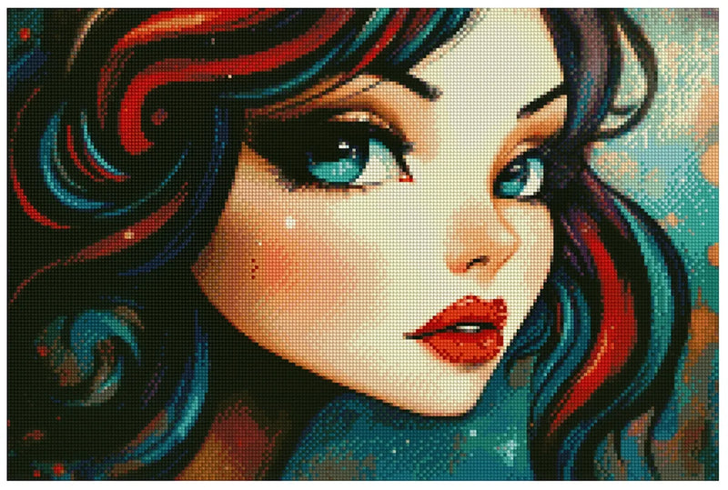 Diamond painting model image – blue-eyed woman, colorful turquoise and red hair shades, warm and modern art style.