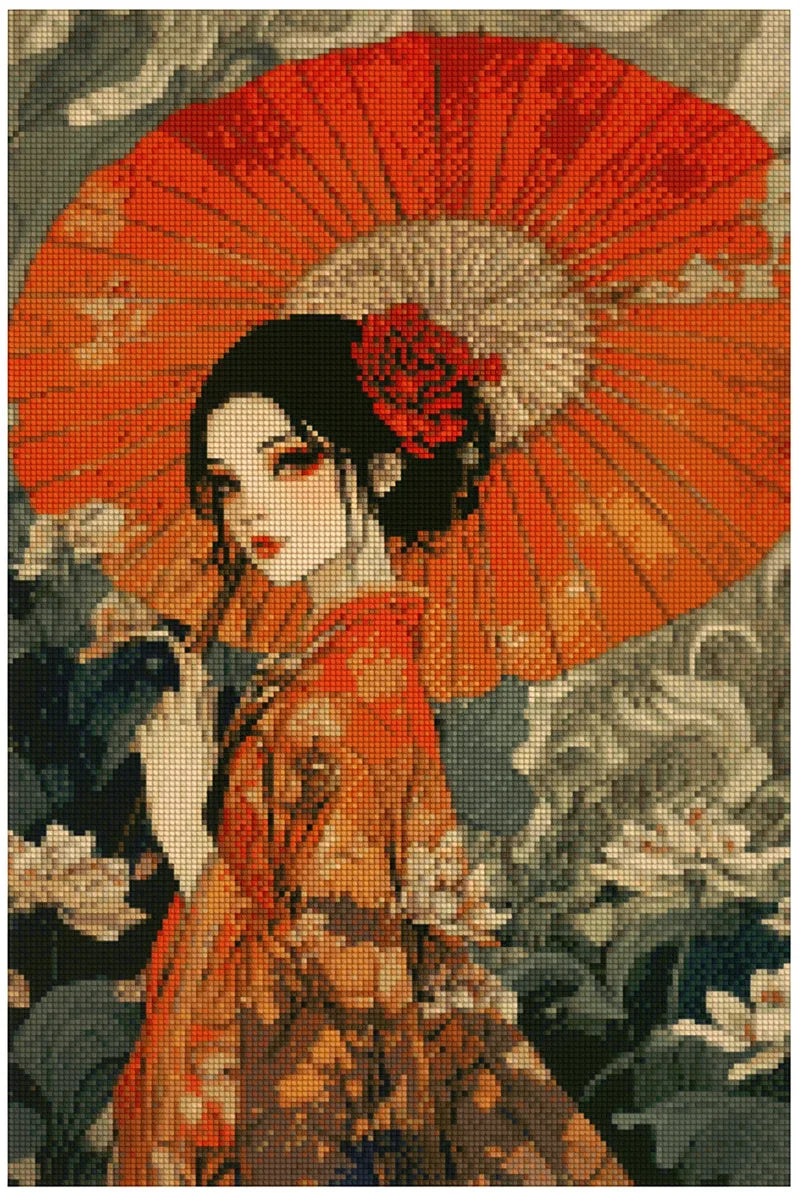 Diamond painting model image – elegant geisha in a red kimono, large orange-red paper umbrella, and a misty gray blooming background.