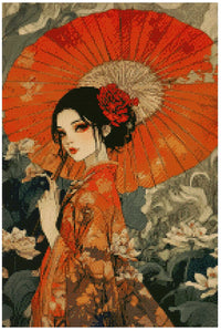 Thumbnail for Diamond painting model image – elegant geisha in a red kimono, large orange-red paper umbrella, and a misty gray blooming background.