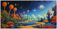 Thumbnail for Diamond painting template image – a vibrant fantasy landscape, orange trees, blue night sky, and glowing planets in a space atmosphere.