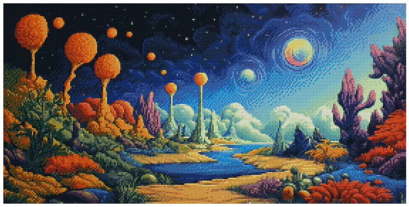 Diamond painting template image – a vibrant fantasy landscape, orange trees, blue night sky, and glowing planets in a space atmosphere.