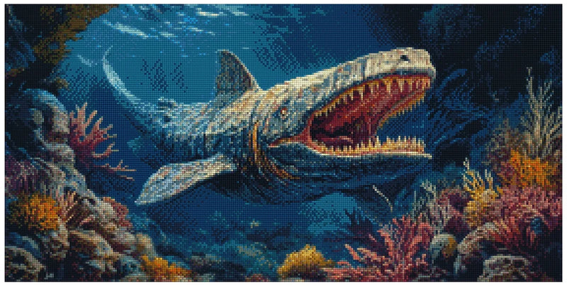Diamond painting pattern – blue-toned underwater scene, large sea monster and colorful corals in the dark depths of the sea.