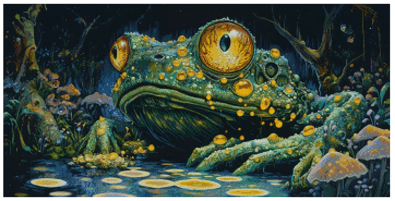 Diamond painting model image - dark green forest pond, giant frog with large golden eyes and magical night lighting.