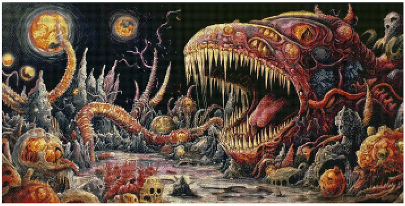 Diamond painting template - a grotesque monster with open jaws, an orange and purple-hued space landscape, and dark, lively terrain.