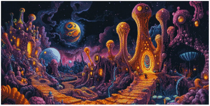 Diamond painting model image – futuristic alien city, organic buildings, lights in shades of purple and gold, and glowing planets in the night sky.