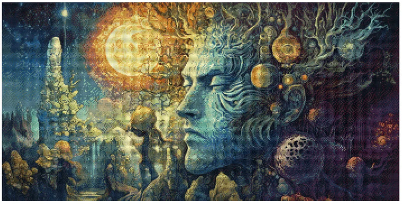 Diamond painting model image – surreal blue human faces, a golden sun, and dreamlike space colors in deep blue lighting.