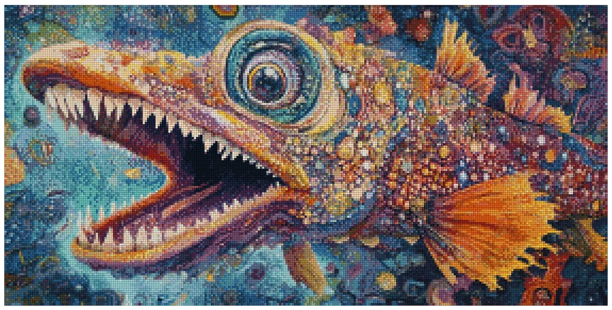 Timanttimaalaus mallikuva – värikäs psykedeelinen kala terävillä hampailla, turkoosin ja violetin sävyinen merenalainen fantasiamaailma.