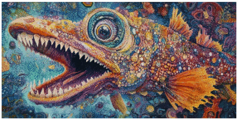 Diamond painting reference image - a colorful psychedelic fish with sharp teeth, in an underwater fantasy world with shades of turquoise and violet.