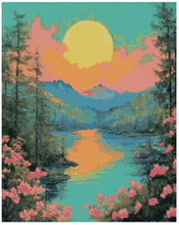 Thumbnail for Diamond painting sample image – pastel-colored lake scenery, a huge sun, and soft shades of turquoise, pink, and orange.