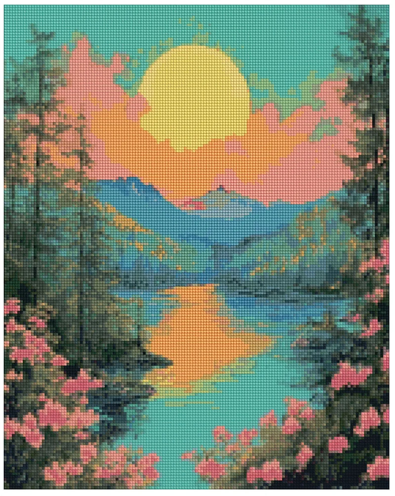 Diamond painting sample image – pastel-colored lake scenery, a huge sun, and soft shades of turquoise, pink, and orange.