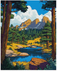 Thumbnail for Diamond painting template - bright mountain landscape, blue sky, green forests, and golden slopes in a classic painterly style.