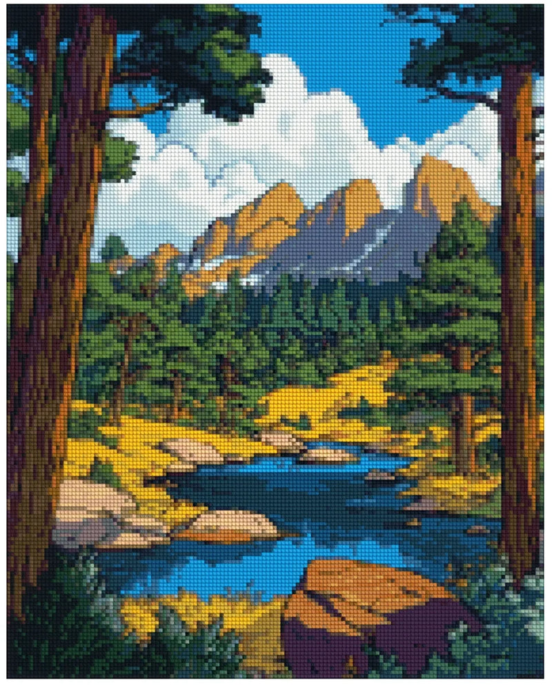 Diamond painting template - bright mountain landscape, blue sky, green forests, and golden slopes in a classic painterly style.