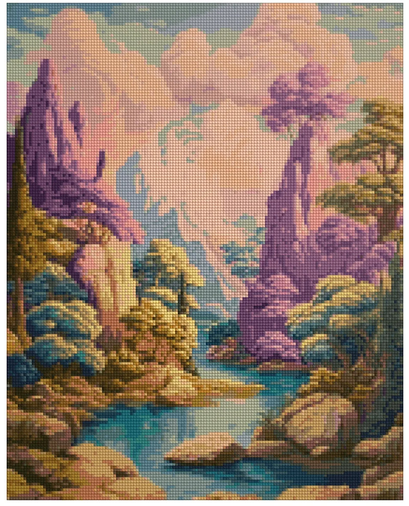 Diamond painting model image – a fairy-tale forest, mountains in shades of purple and gold, and a turquoise river in soft sunlight.