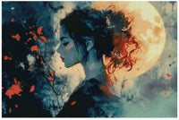 Thumbnail for Diamond painting sample image – a powerful moonlight scene, blue-green background, red leaves, and a mysterious woman's profile in front of the full moon.