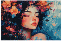 Thumbnail for Diamond painting model image – a dreamy female portrait, warm skin tone, flowers in shades of blue and pink, and a picturesque pastel background.
