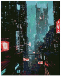 Thumbnail for Diamond painting reference image - dark-toned cyberpunk city, neon pink lights and a misty turquoise background between tall skyscrapers.
