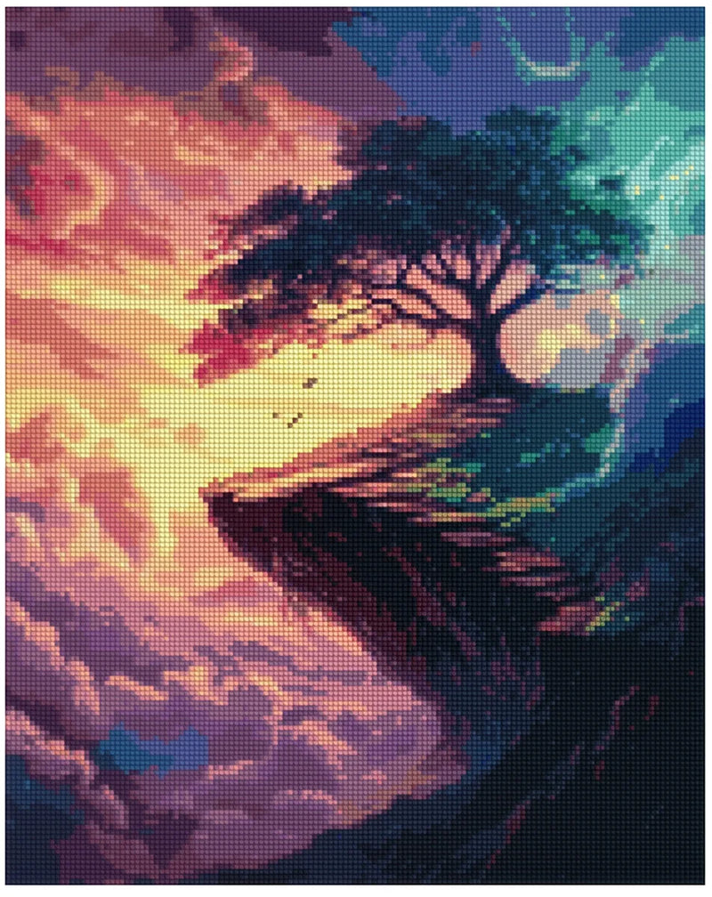 Diamond painting model image – dramatic fantasy landscape, glowing orange and purple sky, and a solitary tree on the edge of a cliff.